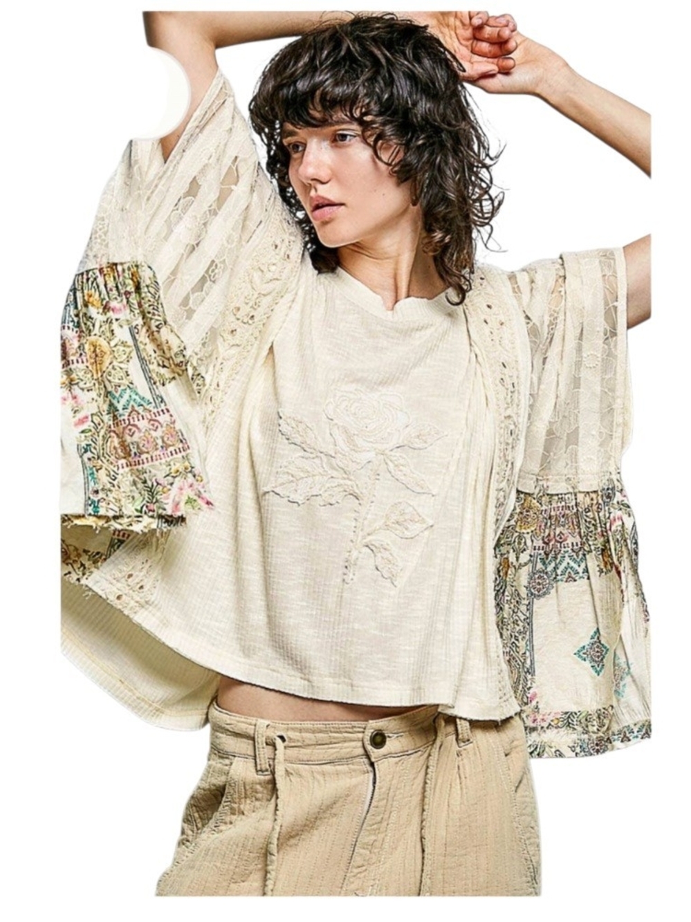 POL Cream Lace Poncho with Artisian Floral Embroidery